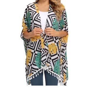 As Rose Rich Tropical Leaf Kimono Wrap Cardigan Womens Small Black White NWT